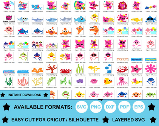 Baby Shark 100 cliparts set, transparent PNG, designs for decoration / sublimation, instant download