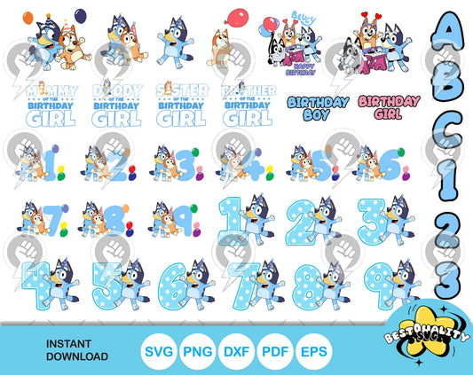 Bluey Birthday clipart set + alphabet, Bluey SVG cut files for Cricut / Silhouette, PNG DXF, instant download