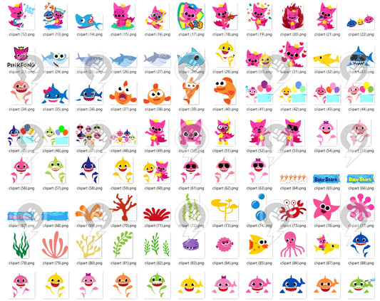 Baby Shark 100 cliparts bundle, transparent PNG, designs for decoration / sublimation, instant download