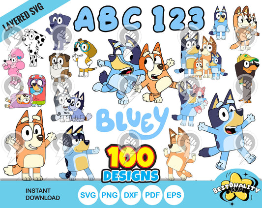 Bluey 100 cliparts set + alphabet, Bluey the dog SVG cut files for Cricut / Silhouette, PNG DXF, instant download