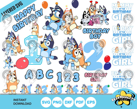 Bluey Birthday clipart set + alphabet, Bluey SVG cut files for Cricut / Silhouette, PNG DXF, instant download