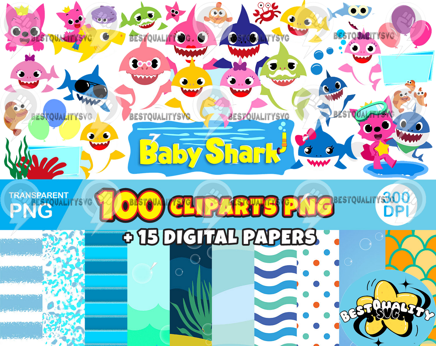 Baby Shark 100 cliparts bundle, transparent PNG, designs for decoration / sublimation, instant download