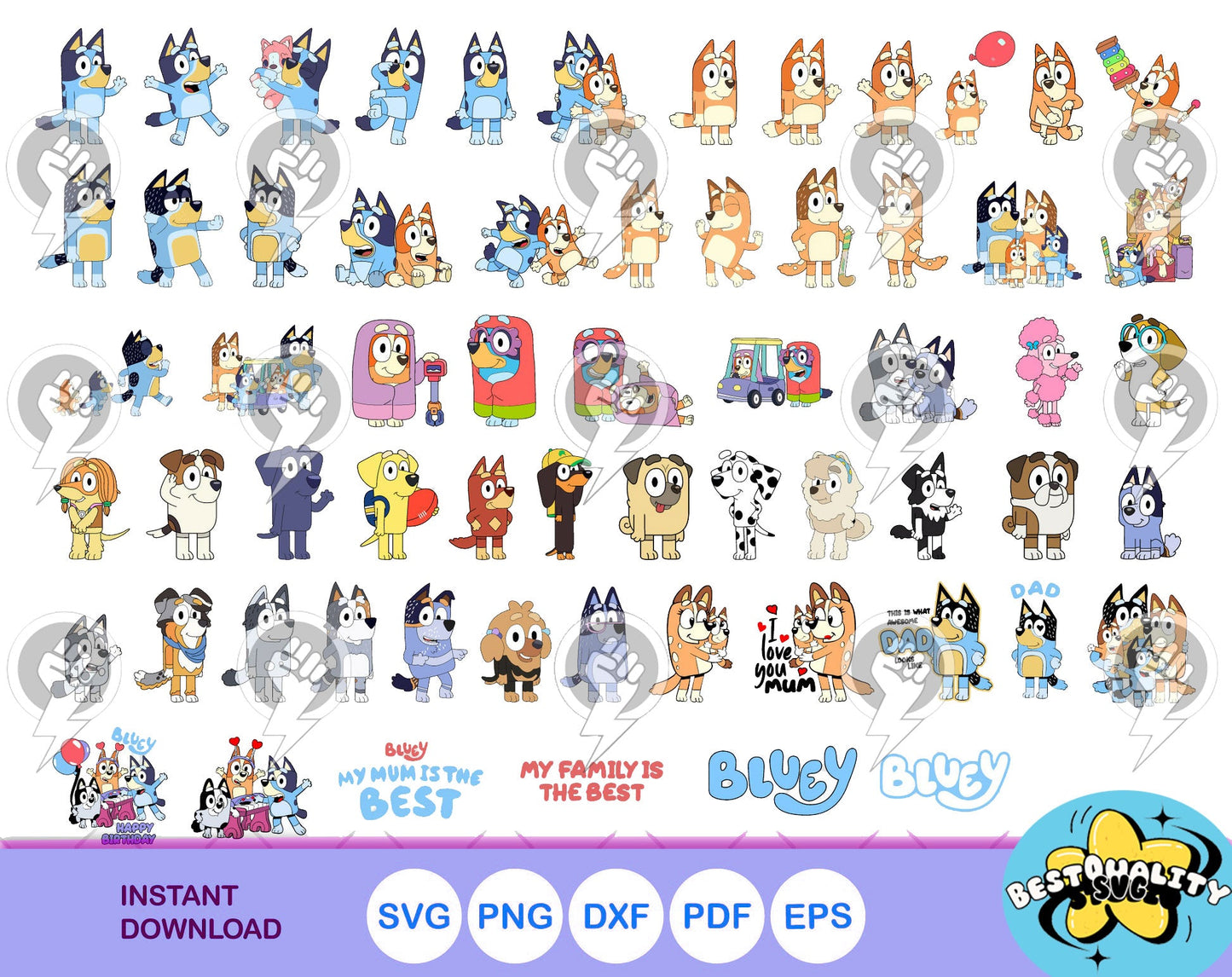 Bluey 100 cliparts set + alphabet, Bluey the dog SVG cut files for Cricut / Silhouette, PNG DXF, instant download
