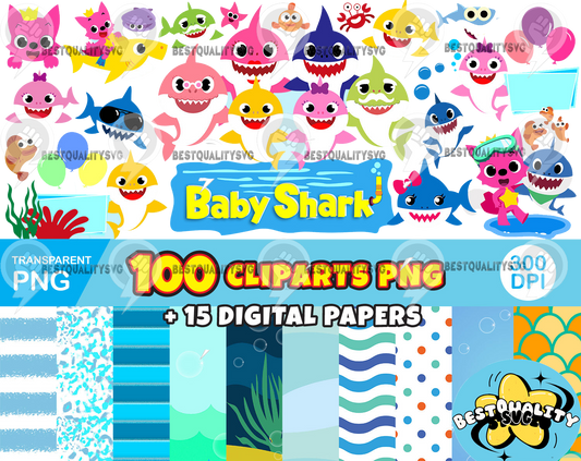 Baby Shark 100 cliparts bundle, transparent PNG, designs for decoration / sublimation, instant download