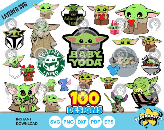 Baby Yoda 100 cliparts bundle, Baby Yoda svg cut files for Cricut / Silhouette, baby yoda png, dxf
