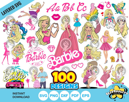 Barbie 100 cliparts bundle + alphabet, Barbie svg cut files for Cricut / Silhouette, Barbie png, dxf, instant download