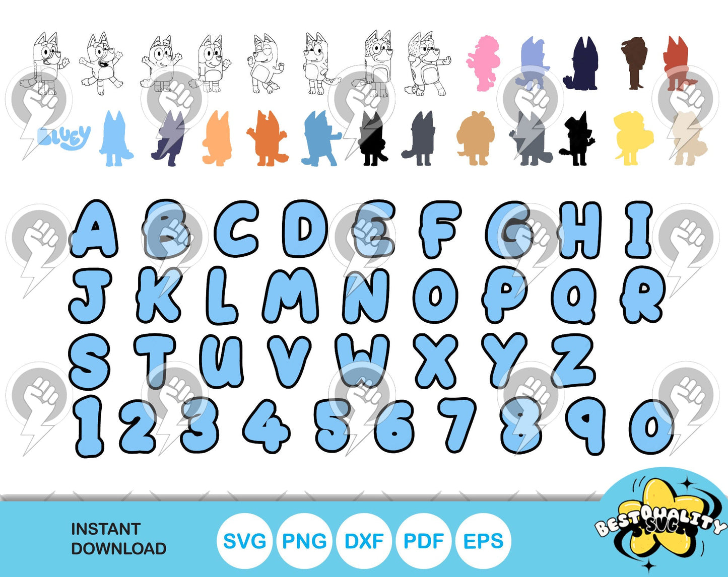 Bluey 100 cliparts set + alphabet, Bluey the dog SVG cut files for Cricut / Silhouette, PNG DXF, instant download